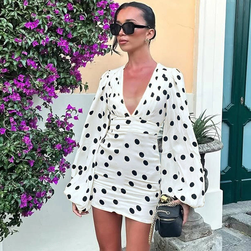 Polka Dot Bell Sleeve Mini Dress [IDCD0YZW]