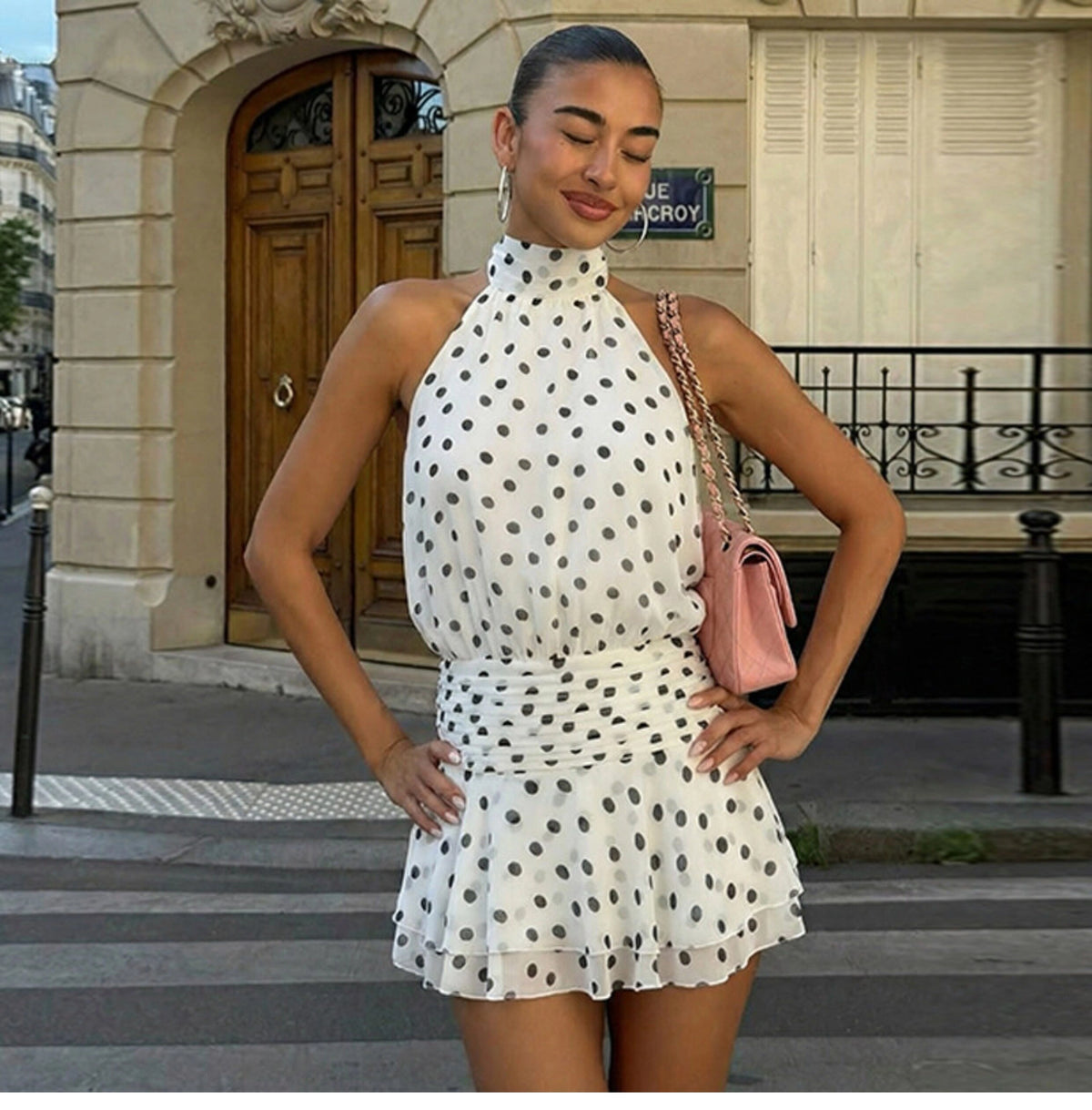 Polka Dot Halter Backless Mini Dress [CX0JP1PF]