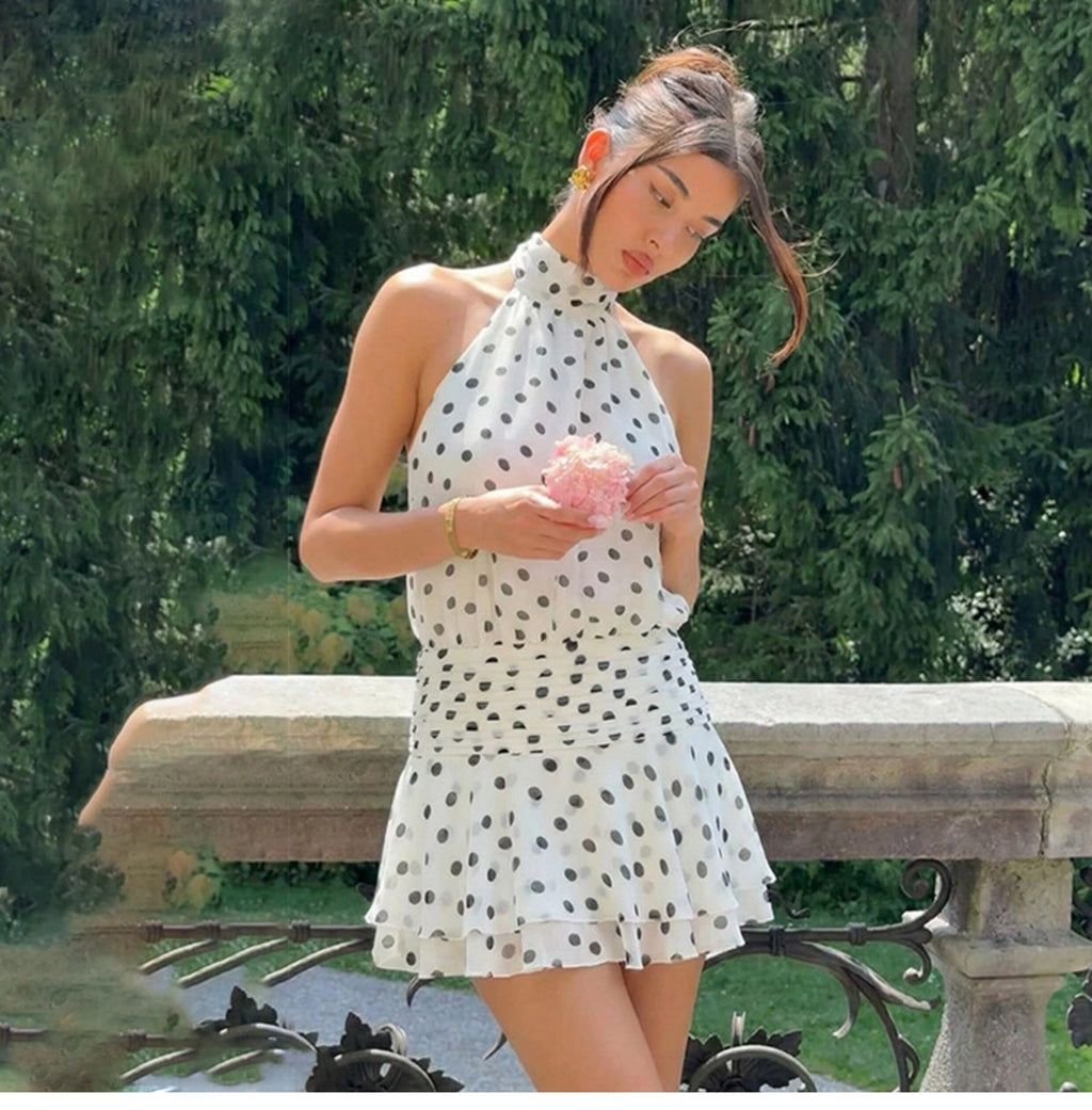 Polka Dot Halter Backless Mini Dress [1043CYV8]