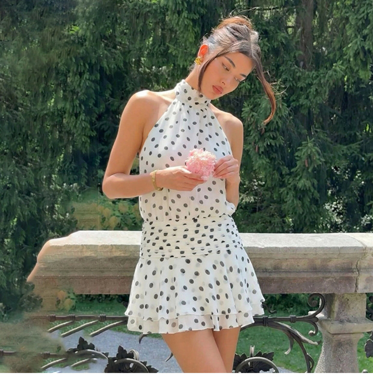 Polka Dot Halter Backless Mini Dress [1043CYV8]