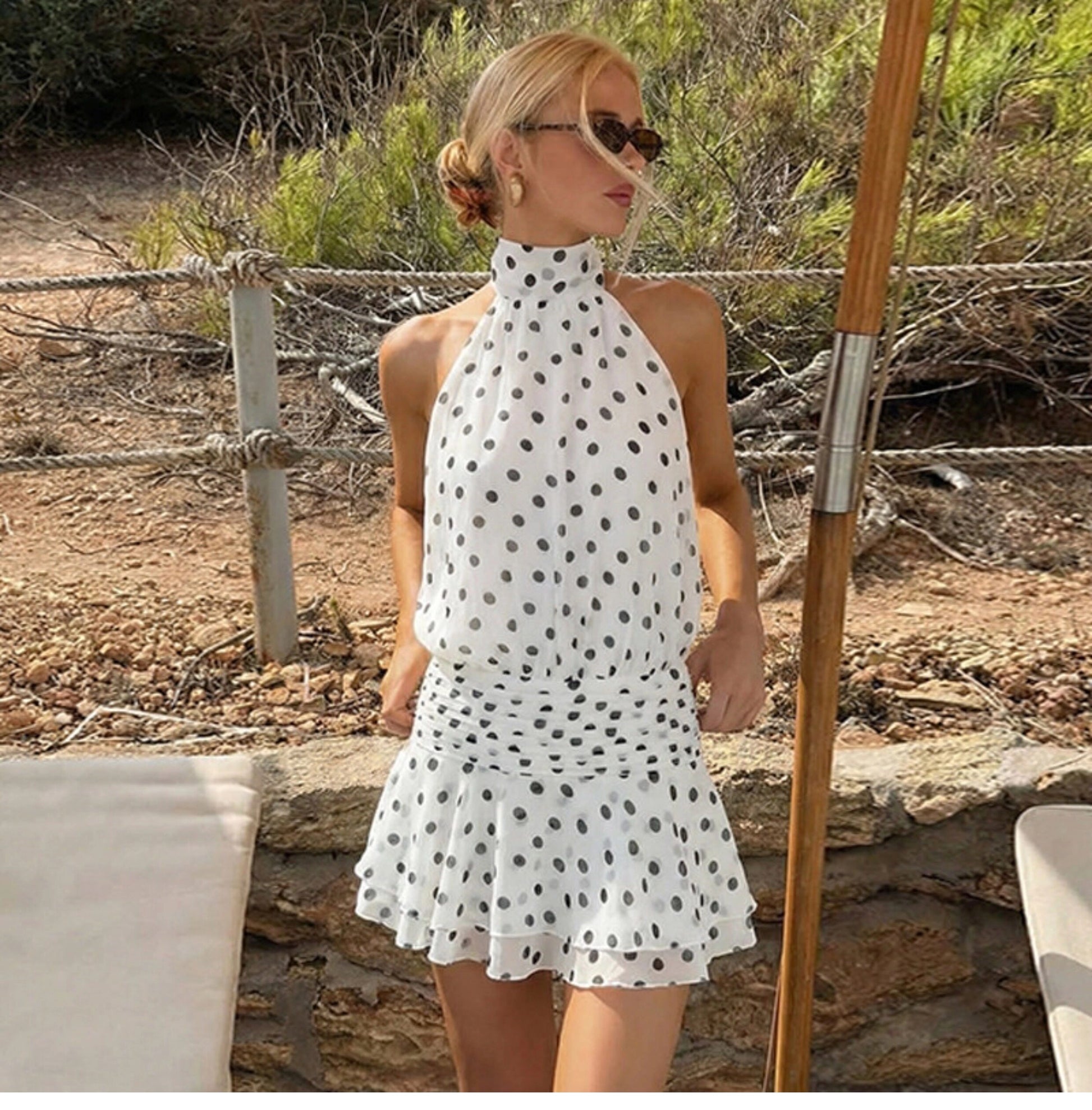 Polka Dot Halter Backless Mini Dress [B5BW2R06]