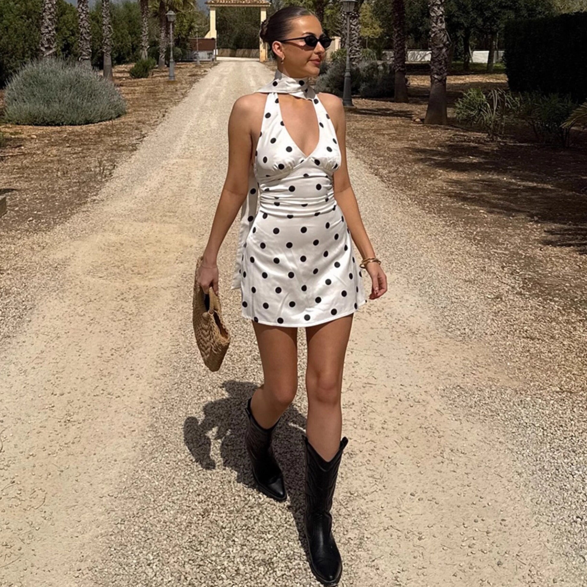 Polka Dot Halter Mini Dress with Ribbon Detail [W6PV3OY1]