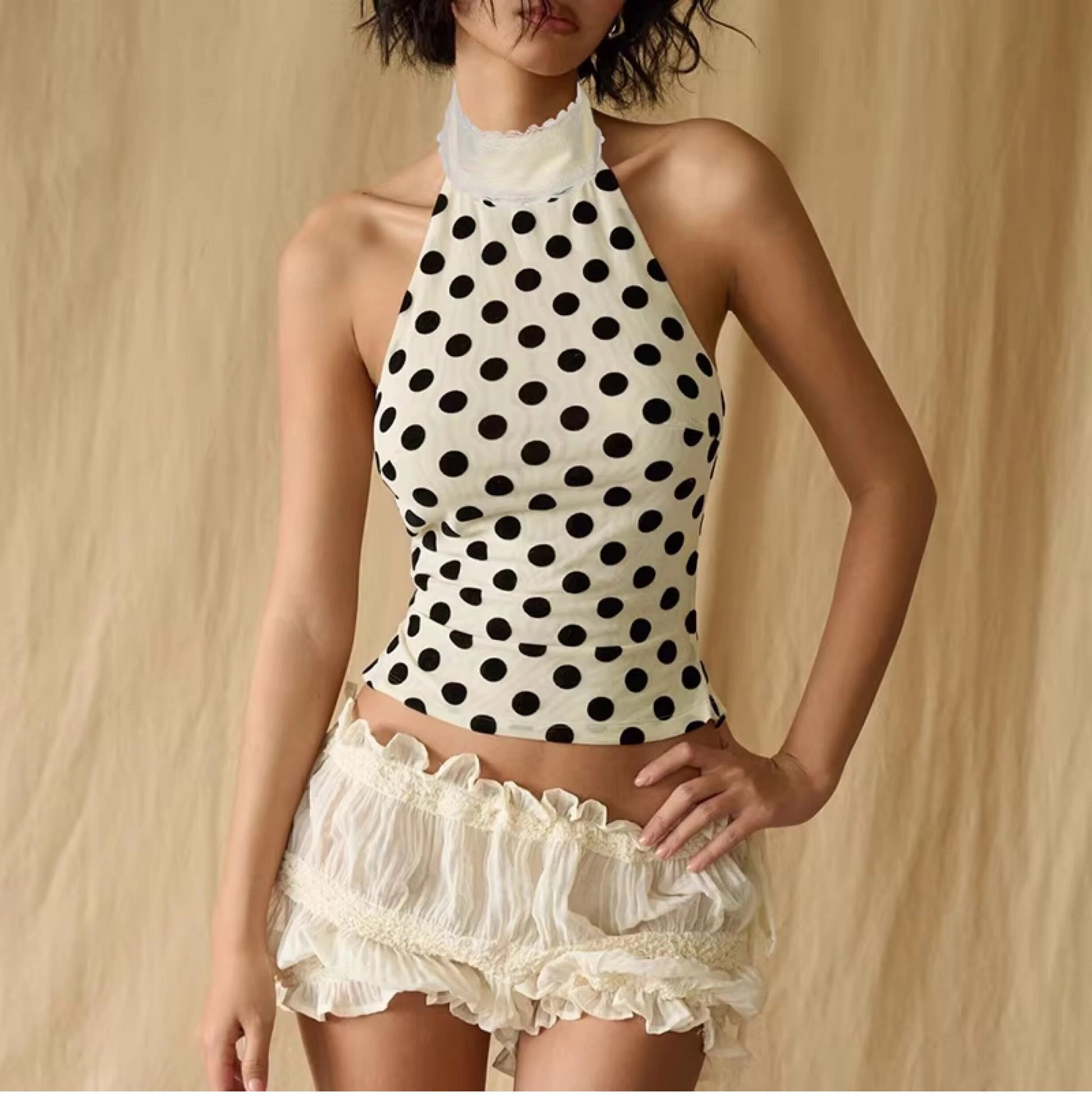Polka Dot Halter Neck Top [XBT9A2SG]