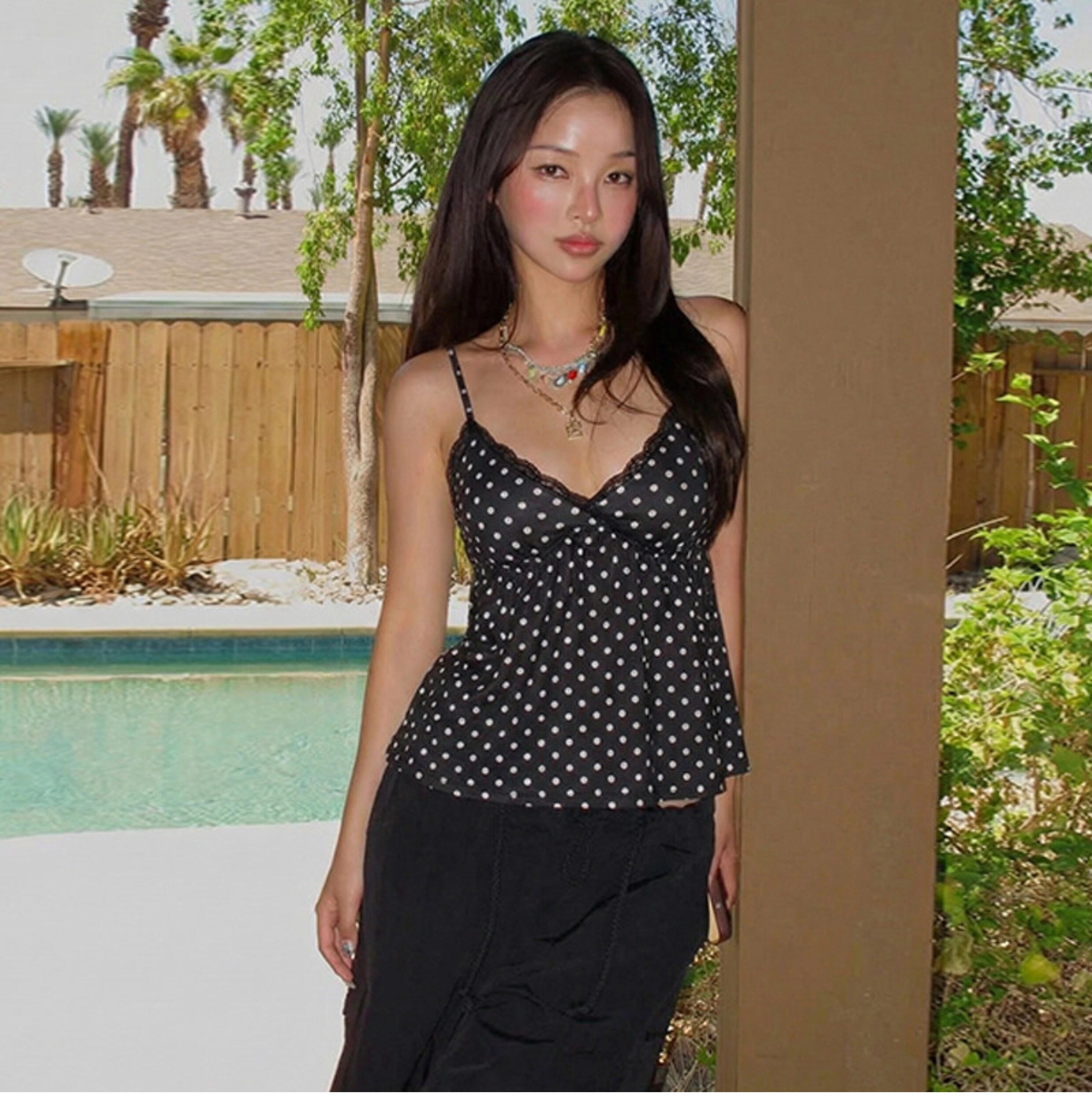 Polka Dot Lace Trim Camisole [VL53QR98]
