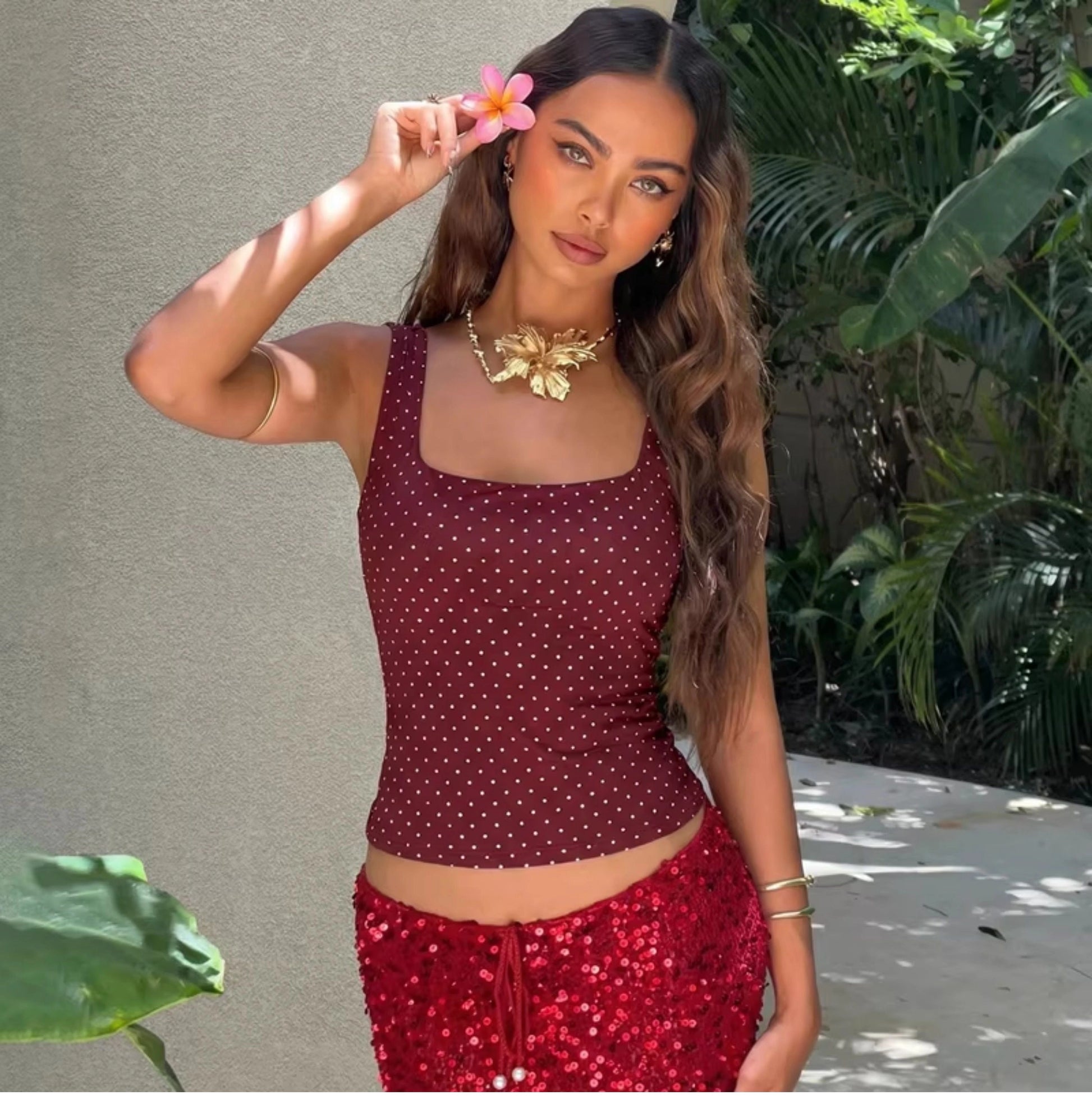 Polka Dot Square Neck Crop Top [34GYSYUU]