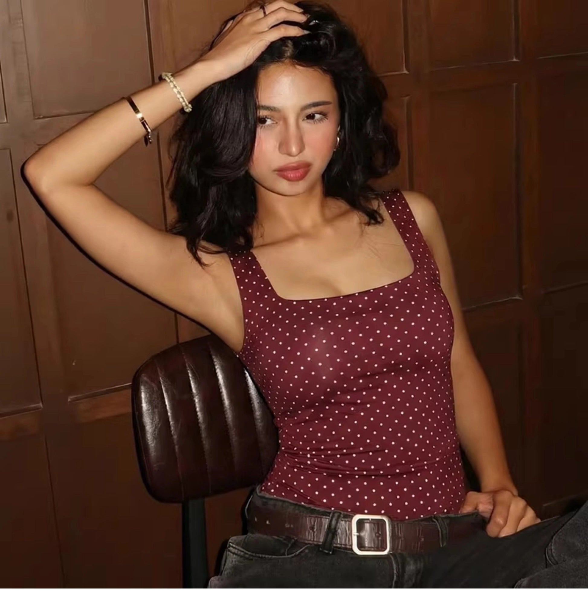 Polka Dot Square Neck Crop Top [QJSJ0BIP]