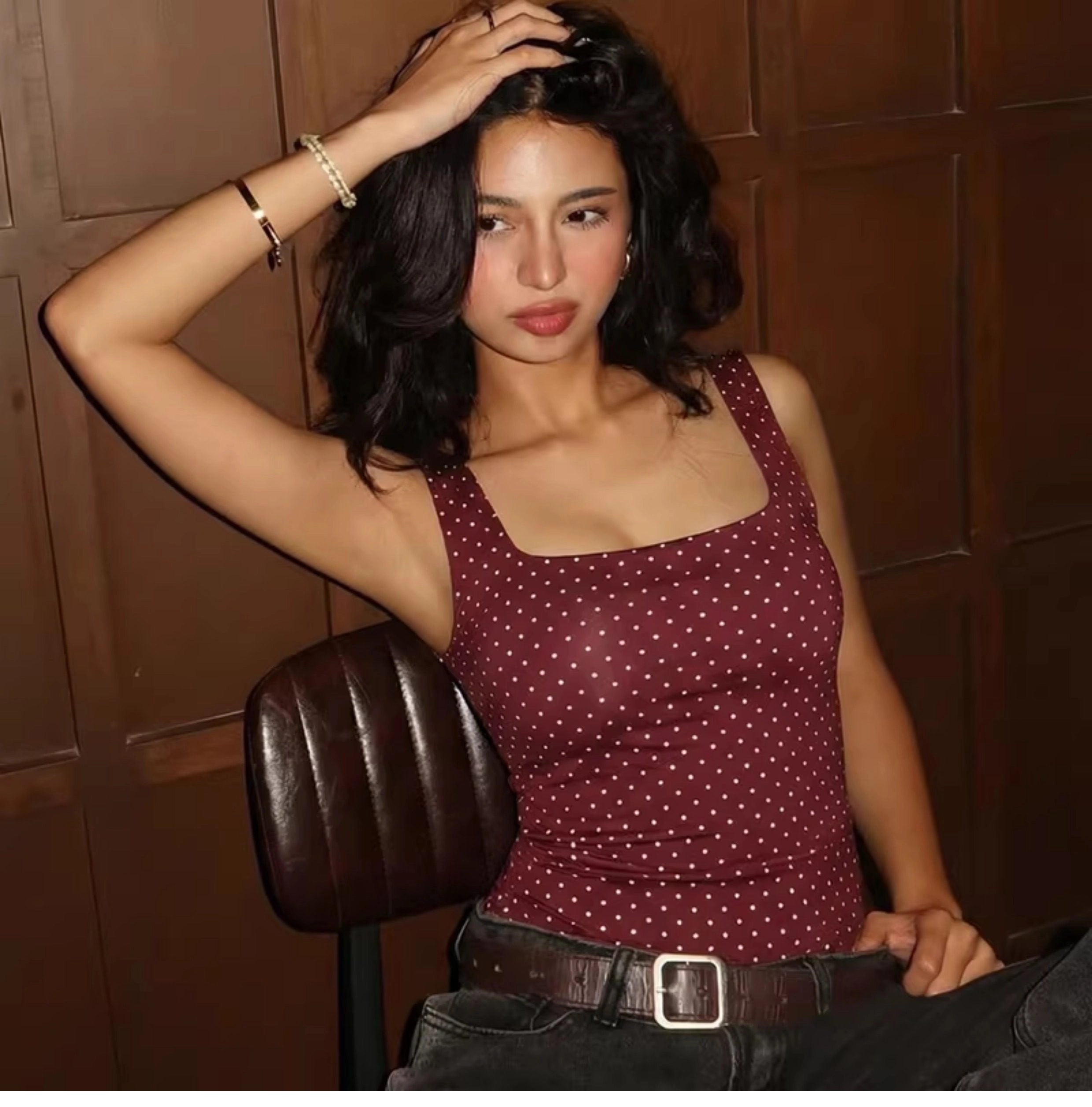 Polka Dot Square Neck Crop Top [QJSJ0BIP]