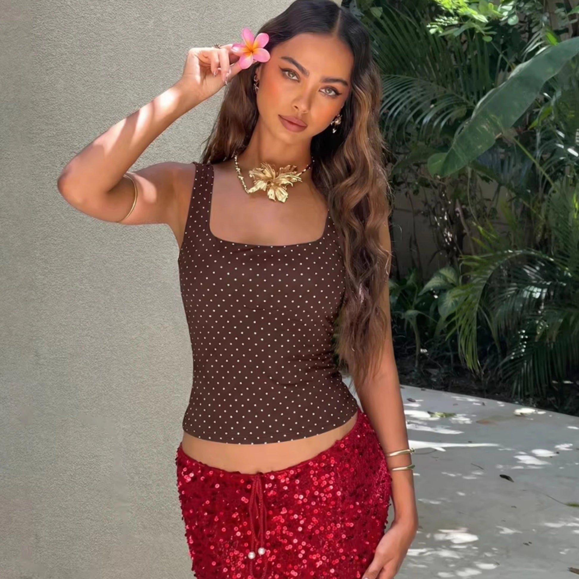 Polka Dot Square Neck Crop Top [RRRT3P5V]