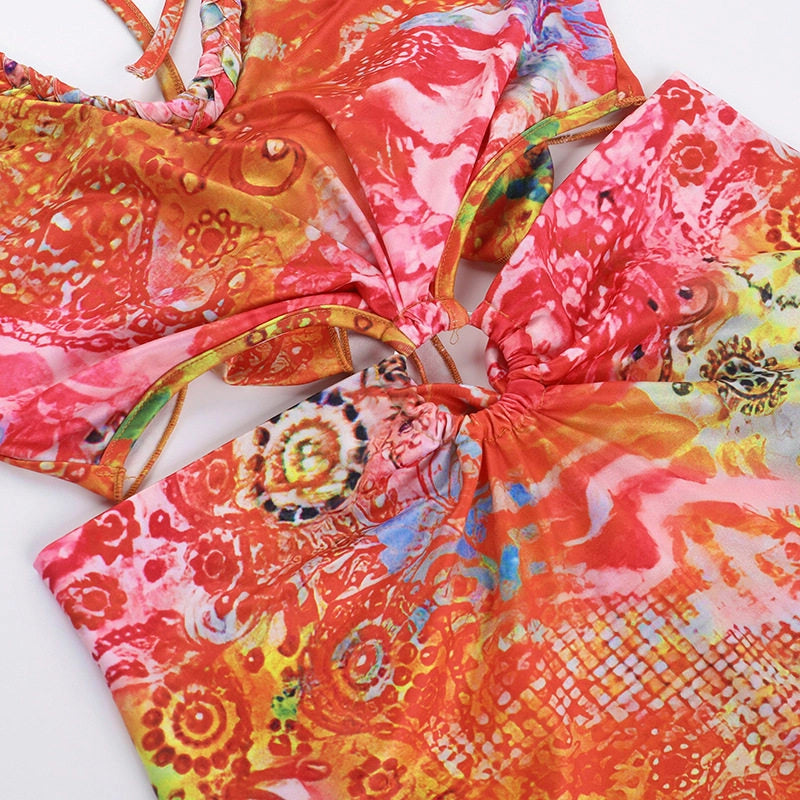 Printed Hollow Neck Mini Dress [TZ3MSIXZ]
