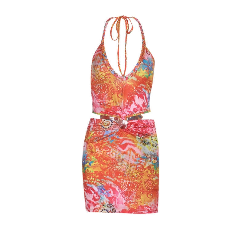 Printed Hollow Neck Mini Dress [3K230HEU]