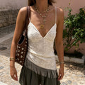 LaPose - Quetzalli Lace Fringe Asymmetric Camisole - White Color