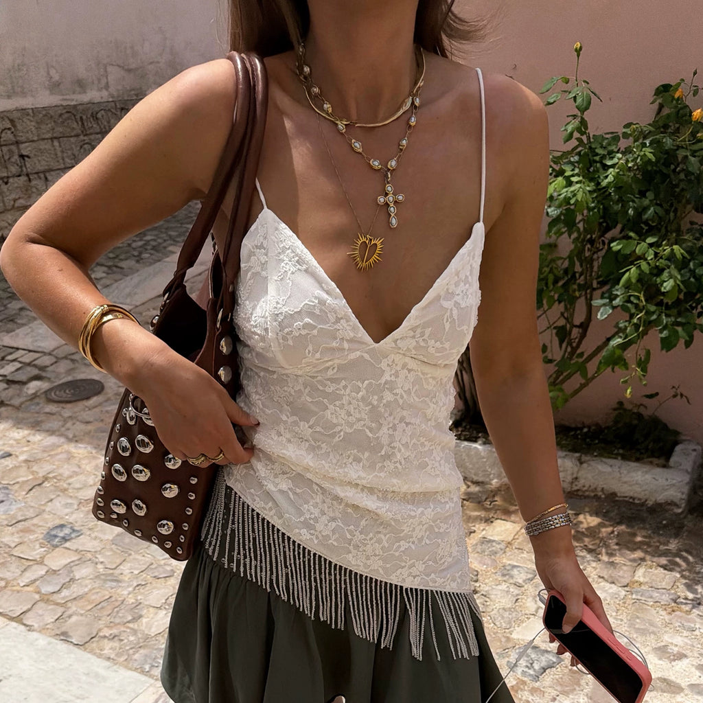 LaPose - Quetzalli Lace Fringe Asymmetric Camisole