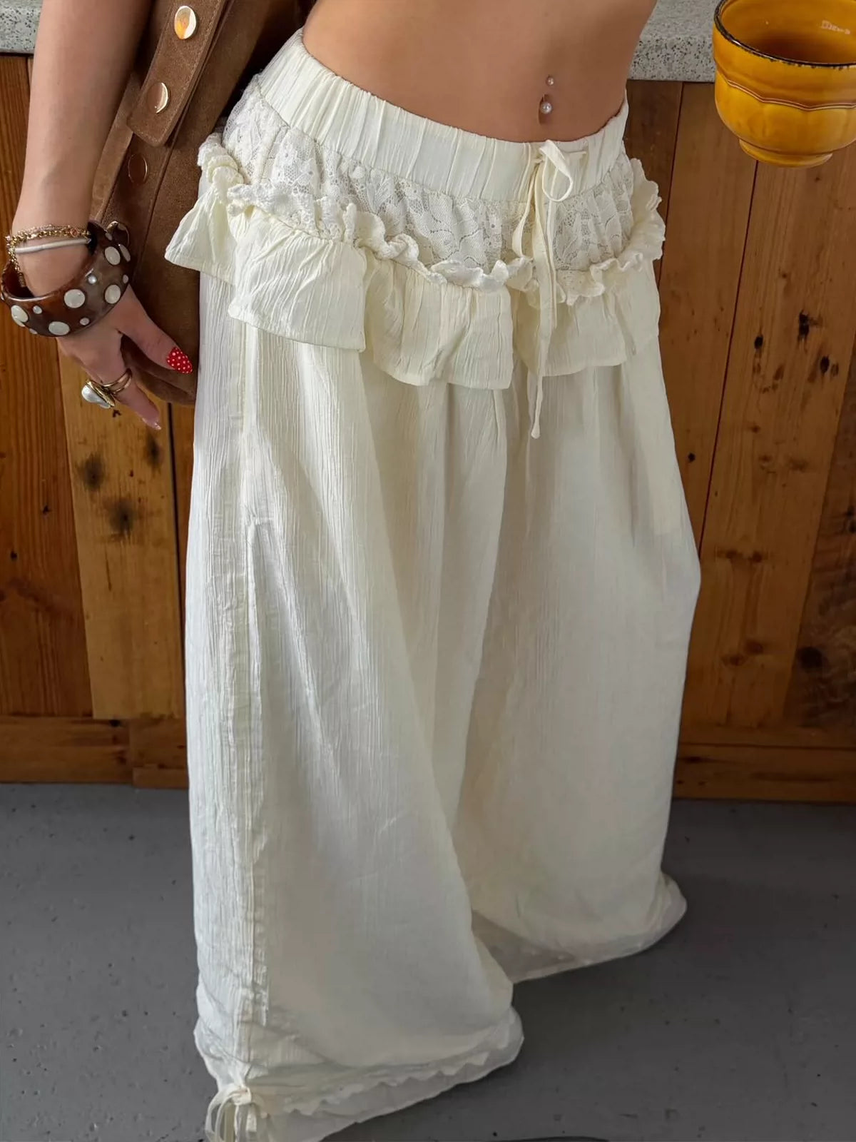 LaPose - Rayah Ruffle Waist Wide Leg Pants - Apricot Color