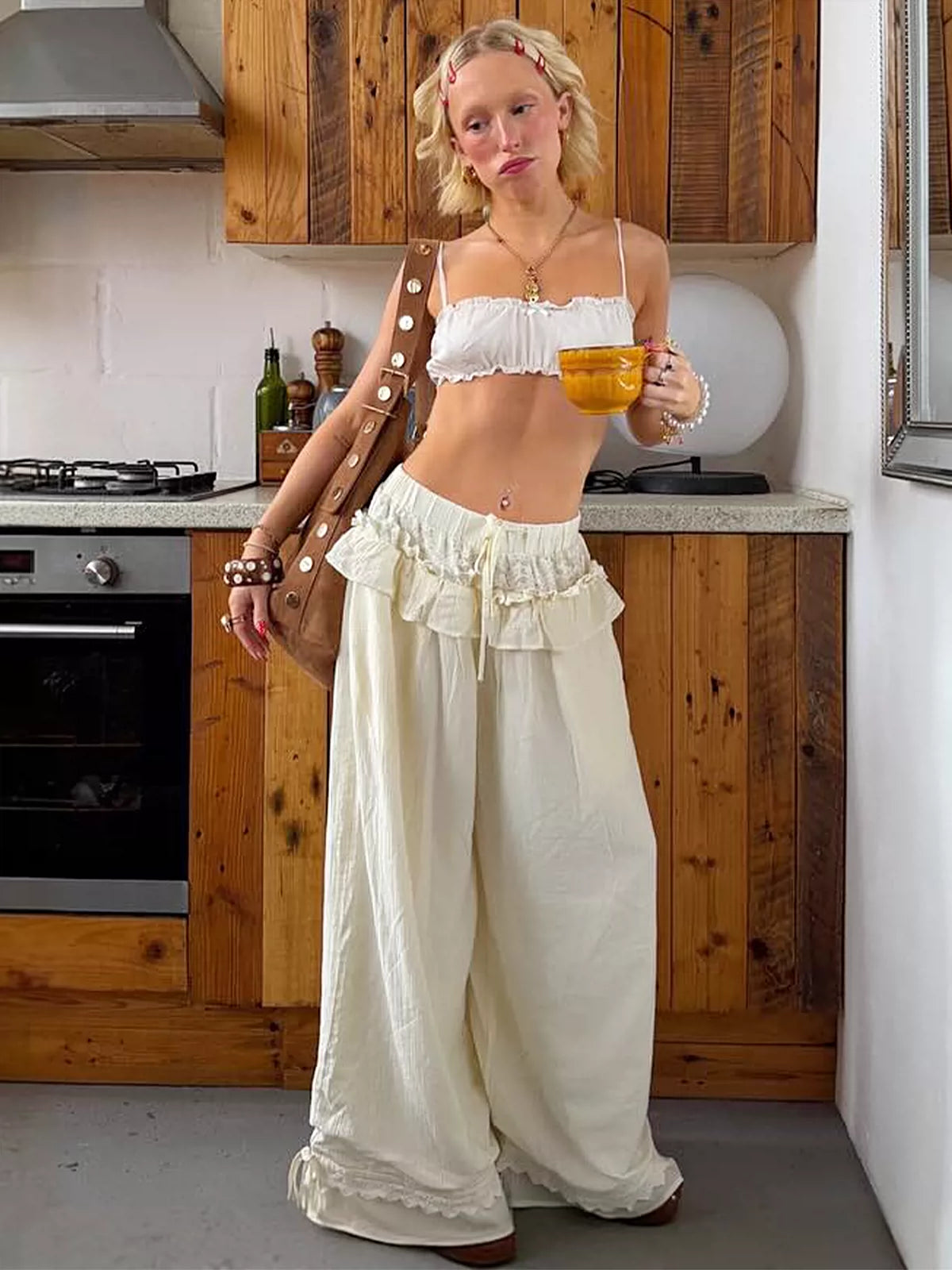LaPose - Rayah Ruffle Waist Wide Leg Pants - Apricot Color