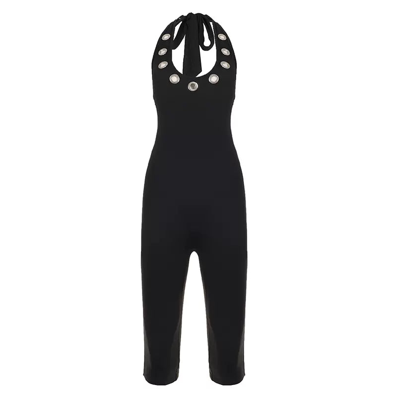 LaPose - Rhyann Eyelet Halter Capri Jumpsuit - Black Color