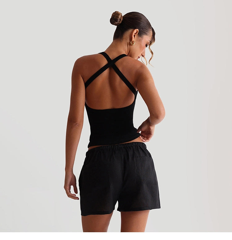 Ribbed Cross-Strap Backless Crop Top [GOLN67XO]