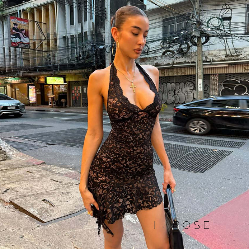Rihanna Lace Halter Mini Dress [MDPD74E3]