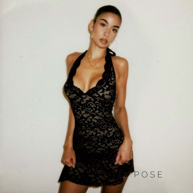 Rihanna Lace Halter Mini Dress [8ROZ5F9N]