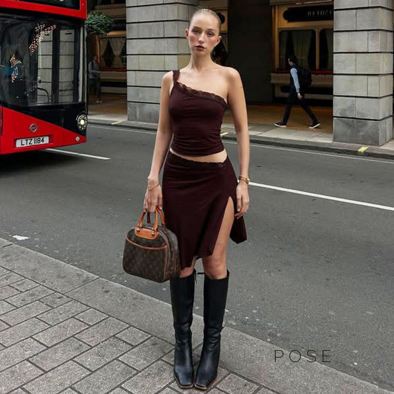 River One-Shoulder Lace Skirt Set [IX0AQ9T6]