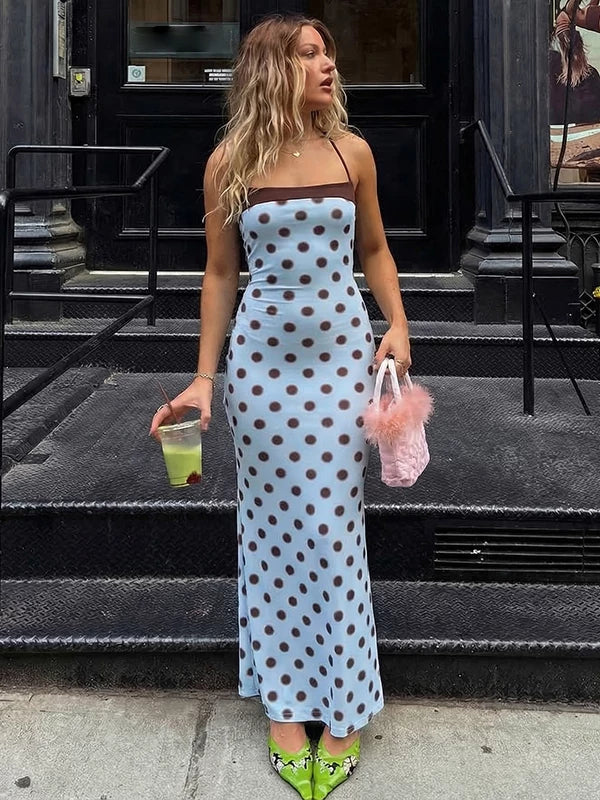 LaPose - Rosalie Polka Dot Halter Maxi Dress - Sky Blue Color