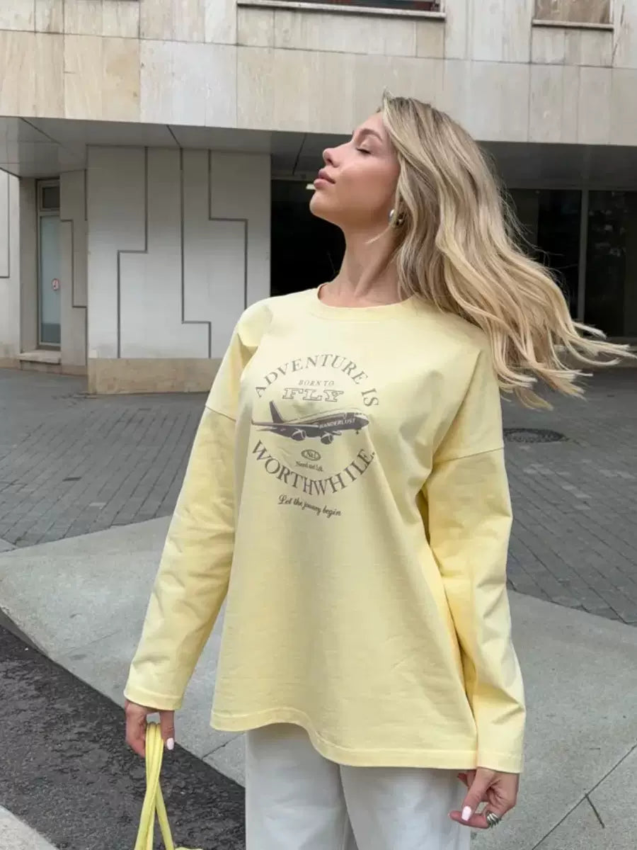 LaPose - Royal Oversized Graphic Long Sleeve T-Shirt - Yellow Color