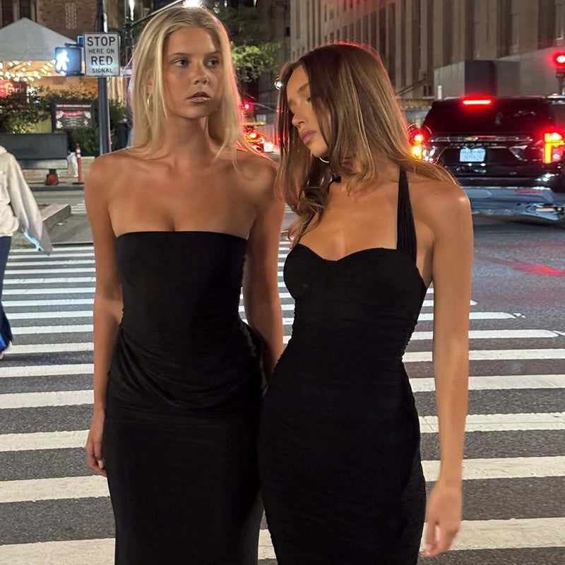 Ruched Mesh Halter Maxi Dress [J47JU30P]