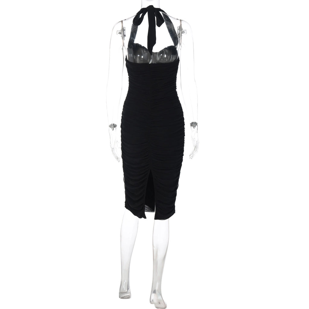 Ruched Mesh Halter Maxi Dress [36Y4YR2O]