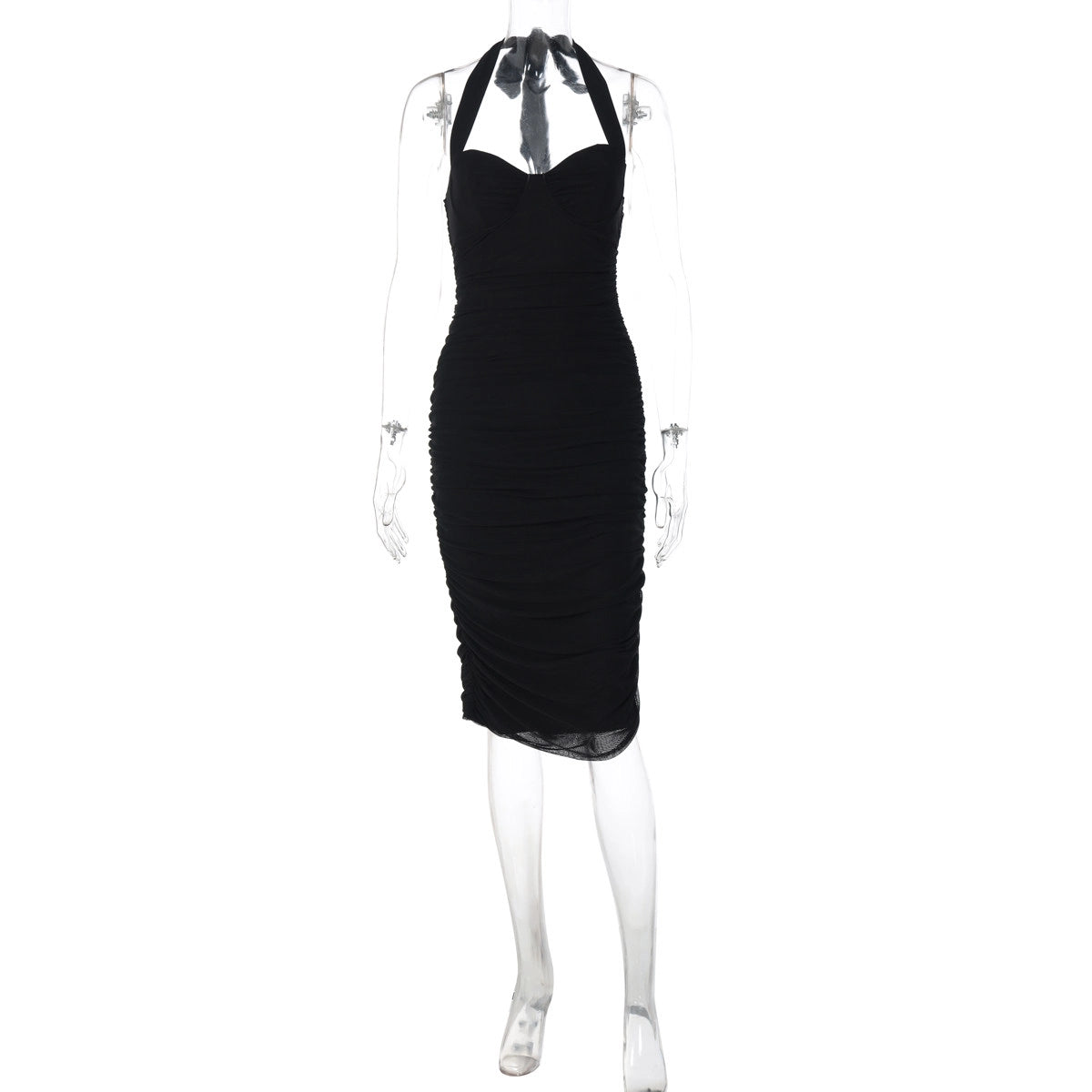 Ruched Mesh Halter Maxi Dress [CE2FXG1Z]