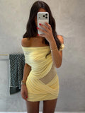 Ruched Mesh Off-Shoulder Mini Dress [2O911Q0I]