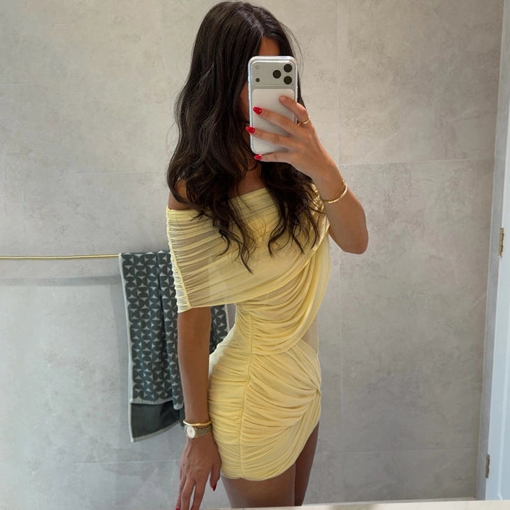 Ruched Mesh Off-Shoulder Mini Dress [N195460J]