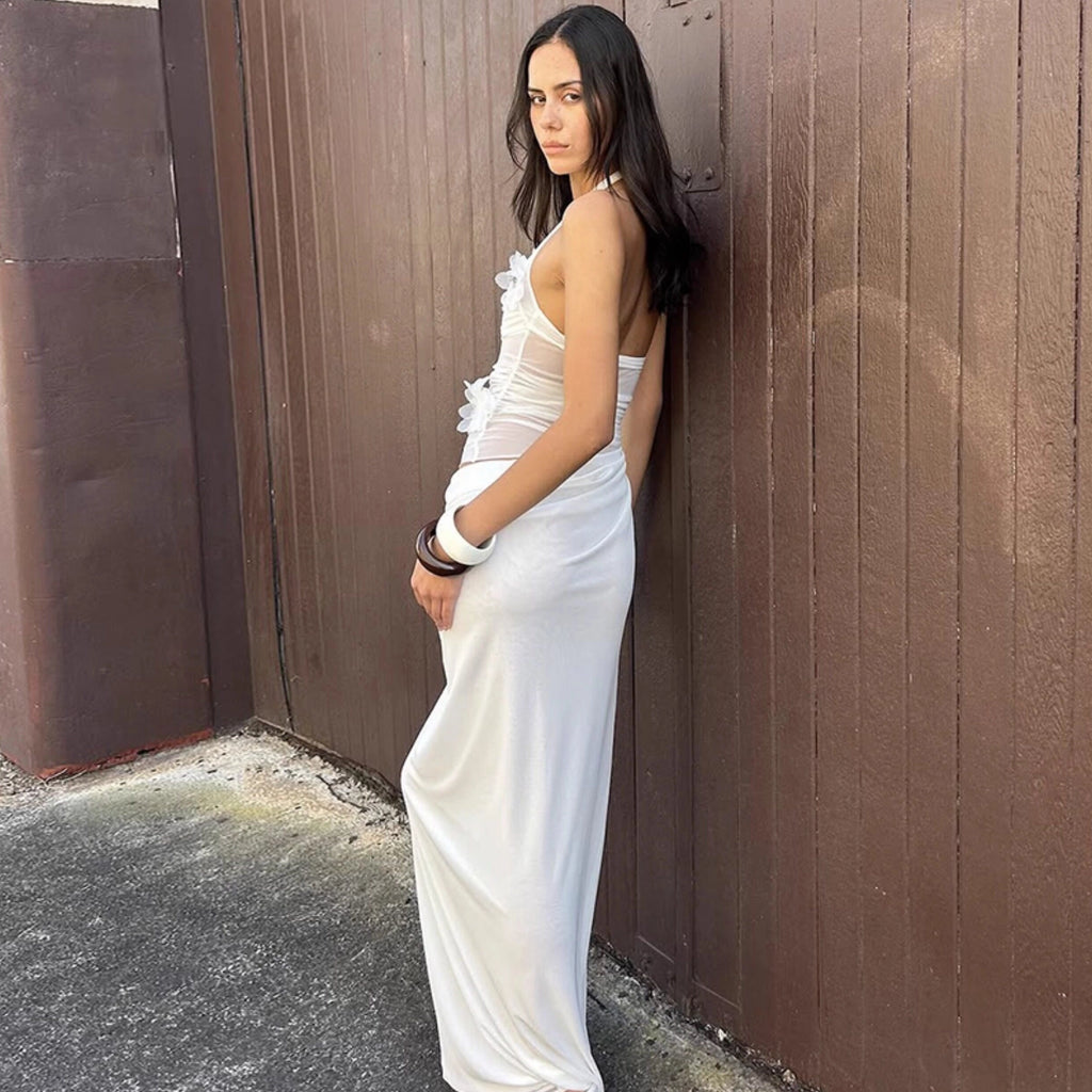 Ruched Mesh Patchwork Maxi Dress [GCUF4G8C]