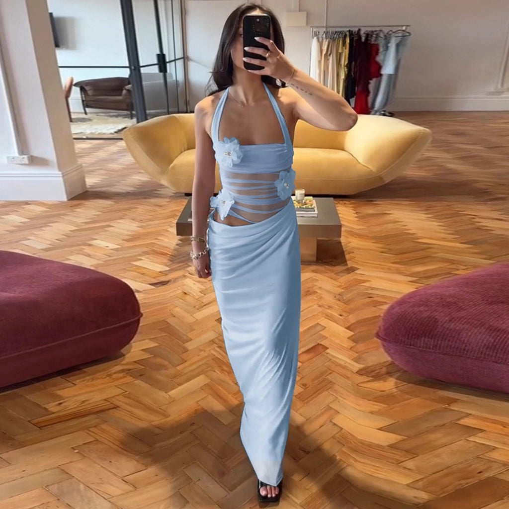 Ruched Mesh Patchwork Maxi Dress [ML2MJD05]