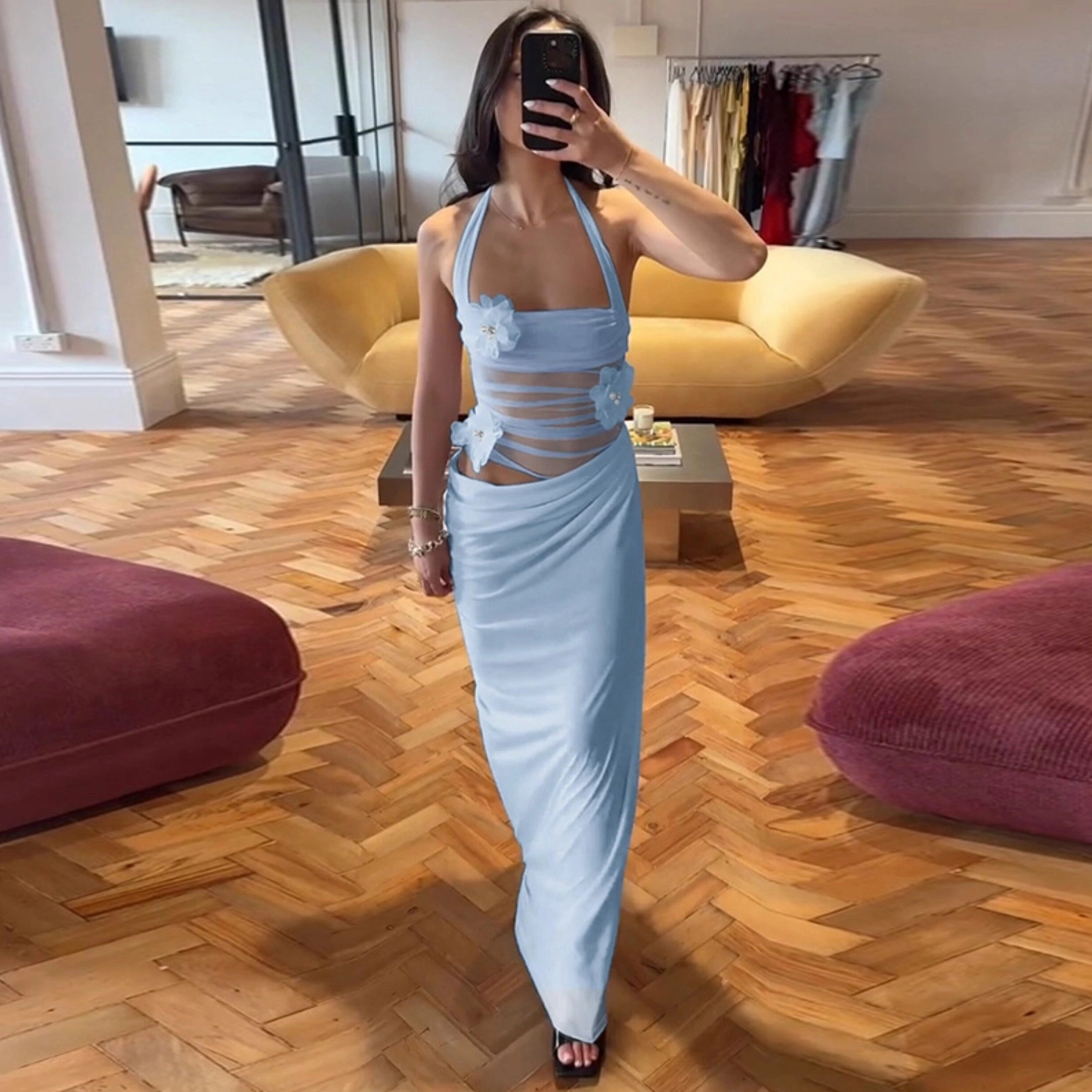 Ruched Mesh Patchwork Maxi Dress [ML2MJD05]