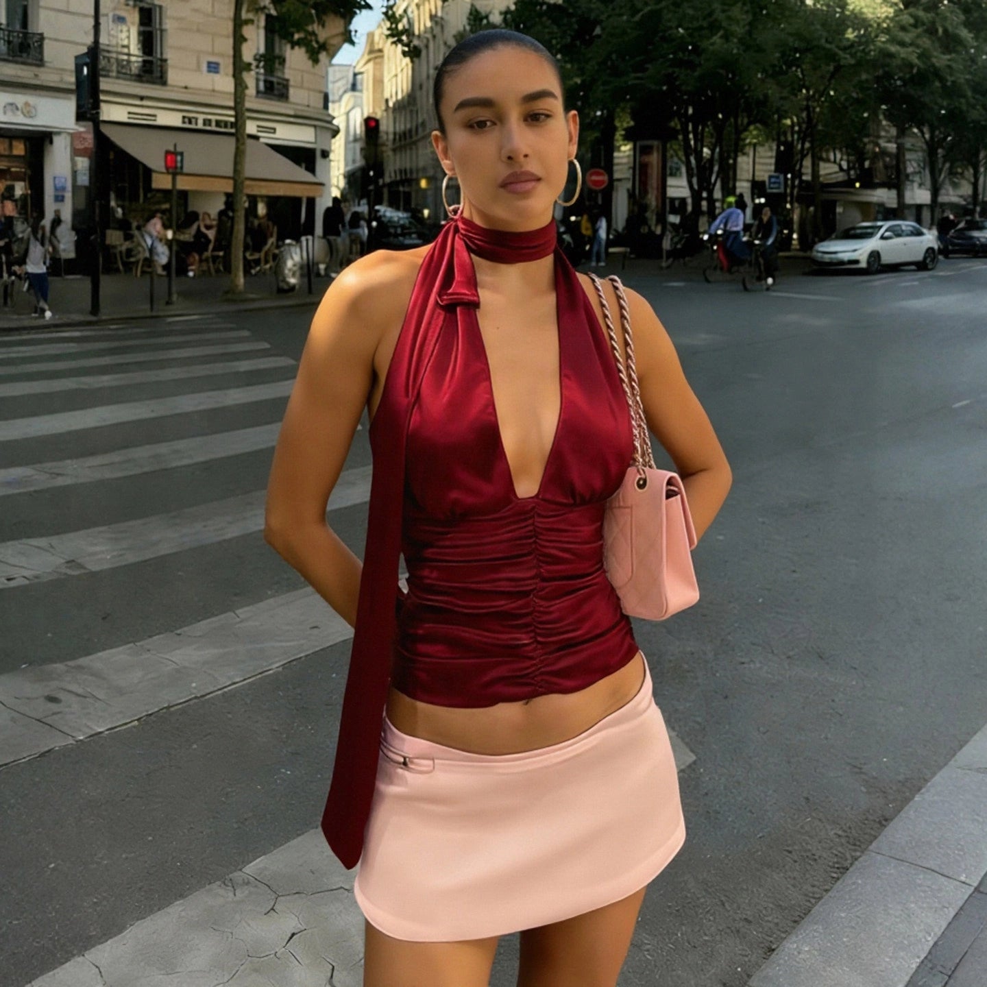 Ruched Satin Halter Top [JKUE413N]