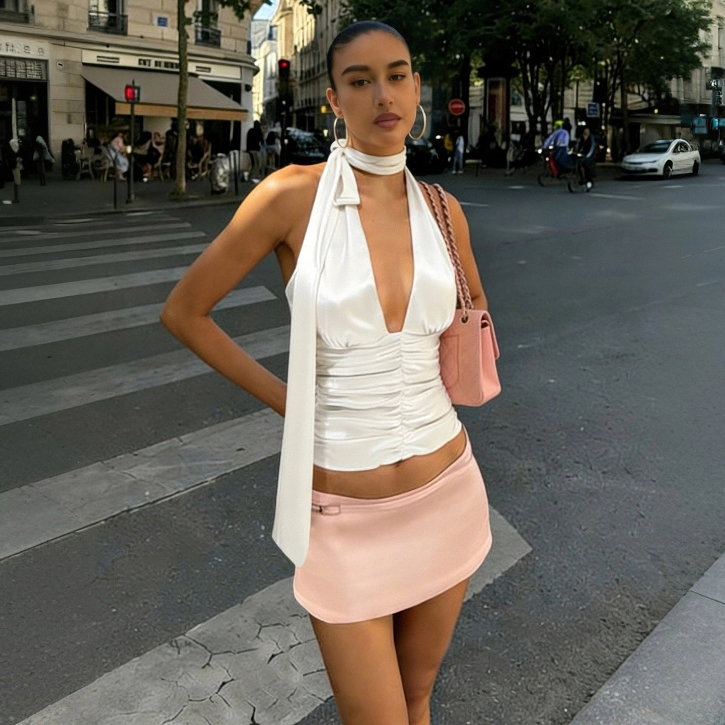 Ruched Satin Halter Top [369WZANV]