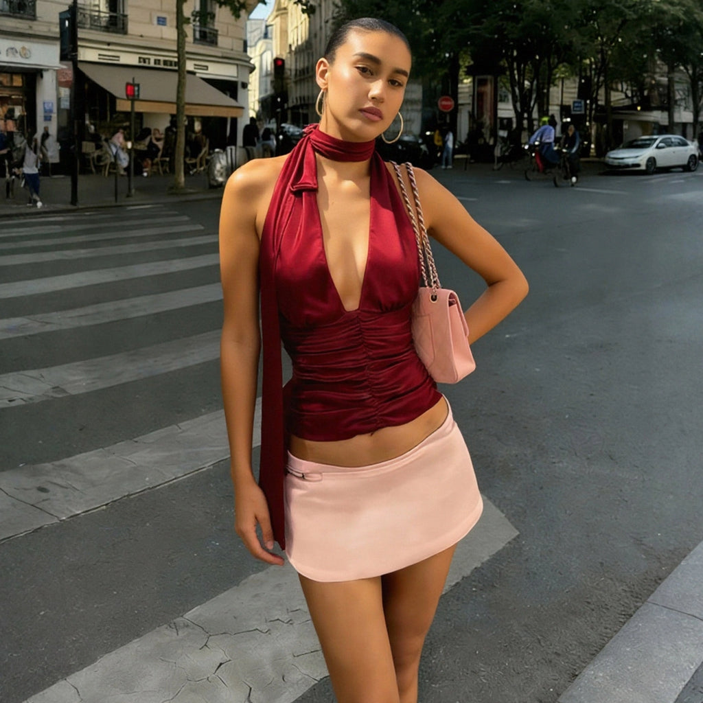 Ruched Satin Halter Top [VFE3F1L0]