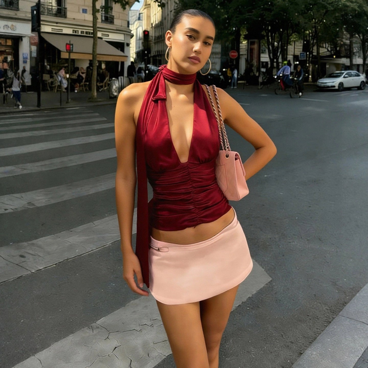 Ruched Satin Halter Top [VFE3F1L0]