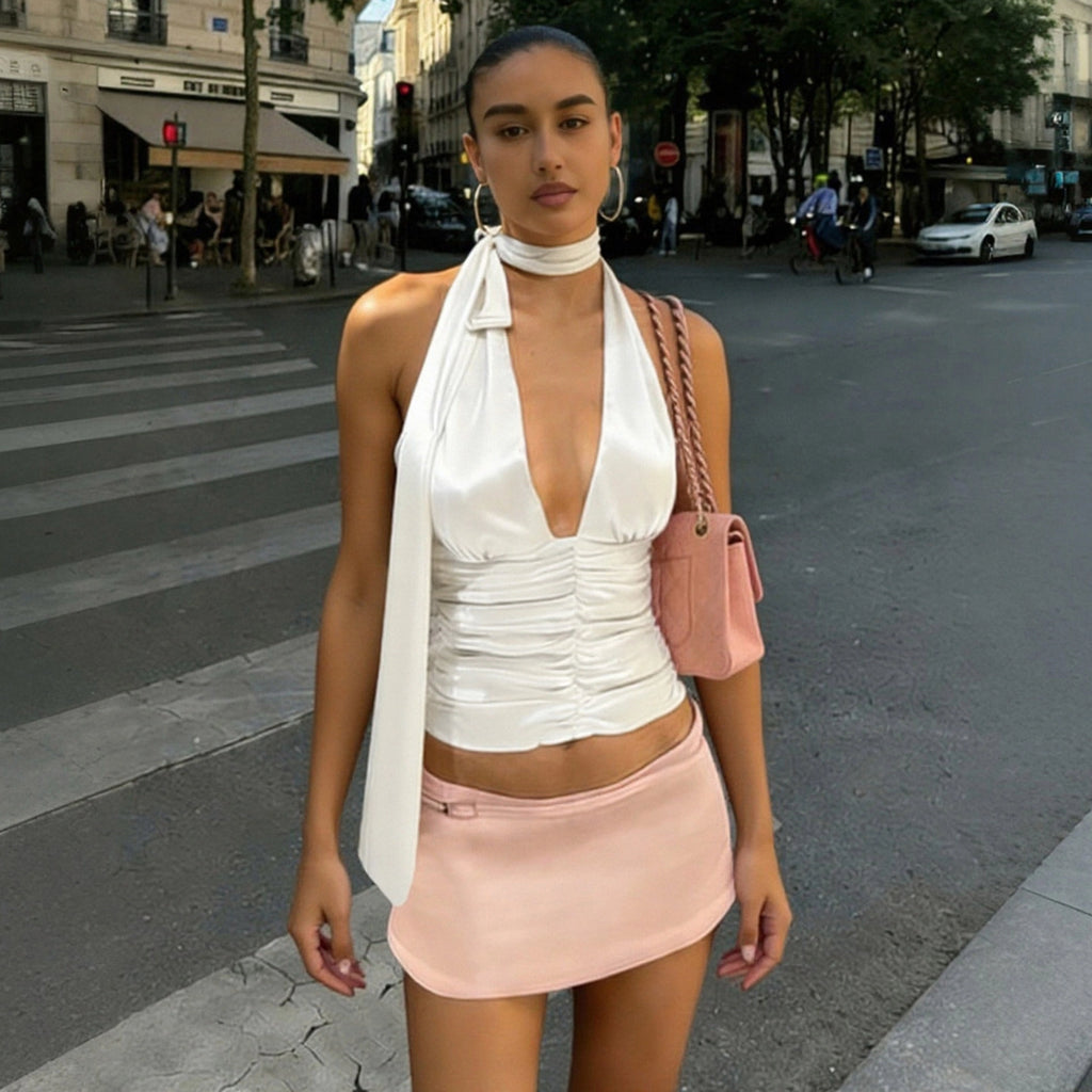 Ruched Satin Halter Top [7W78HPOP]