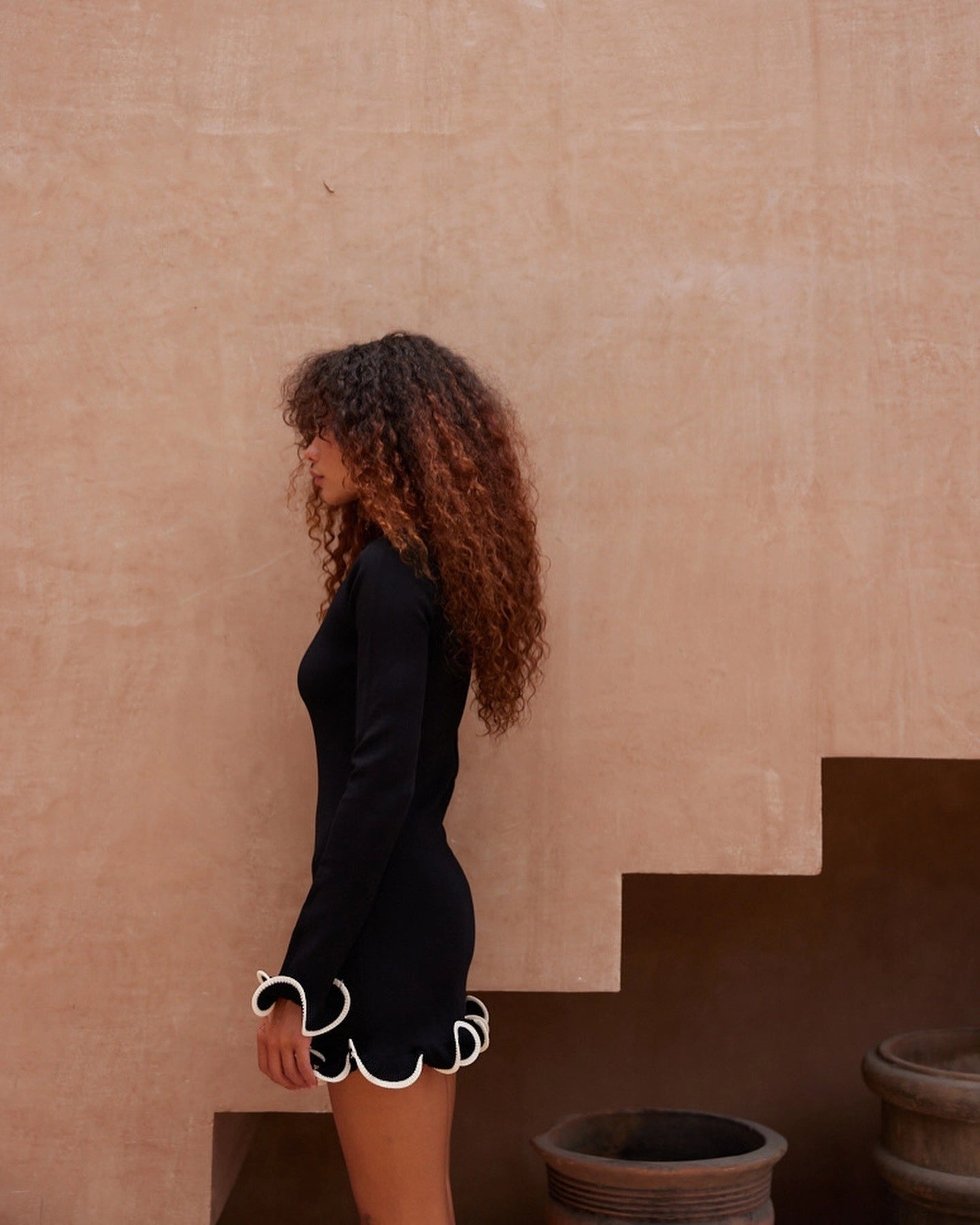 Ruffle Hem Long Sleeve Knit Mini Dress [W8QV14SQ]