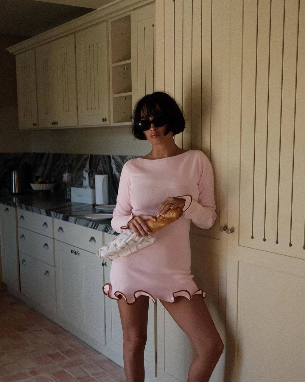 Ruffle Hem Long Sleeve Knit Mini Dress [24J181YC]