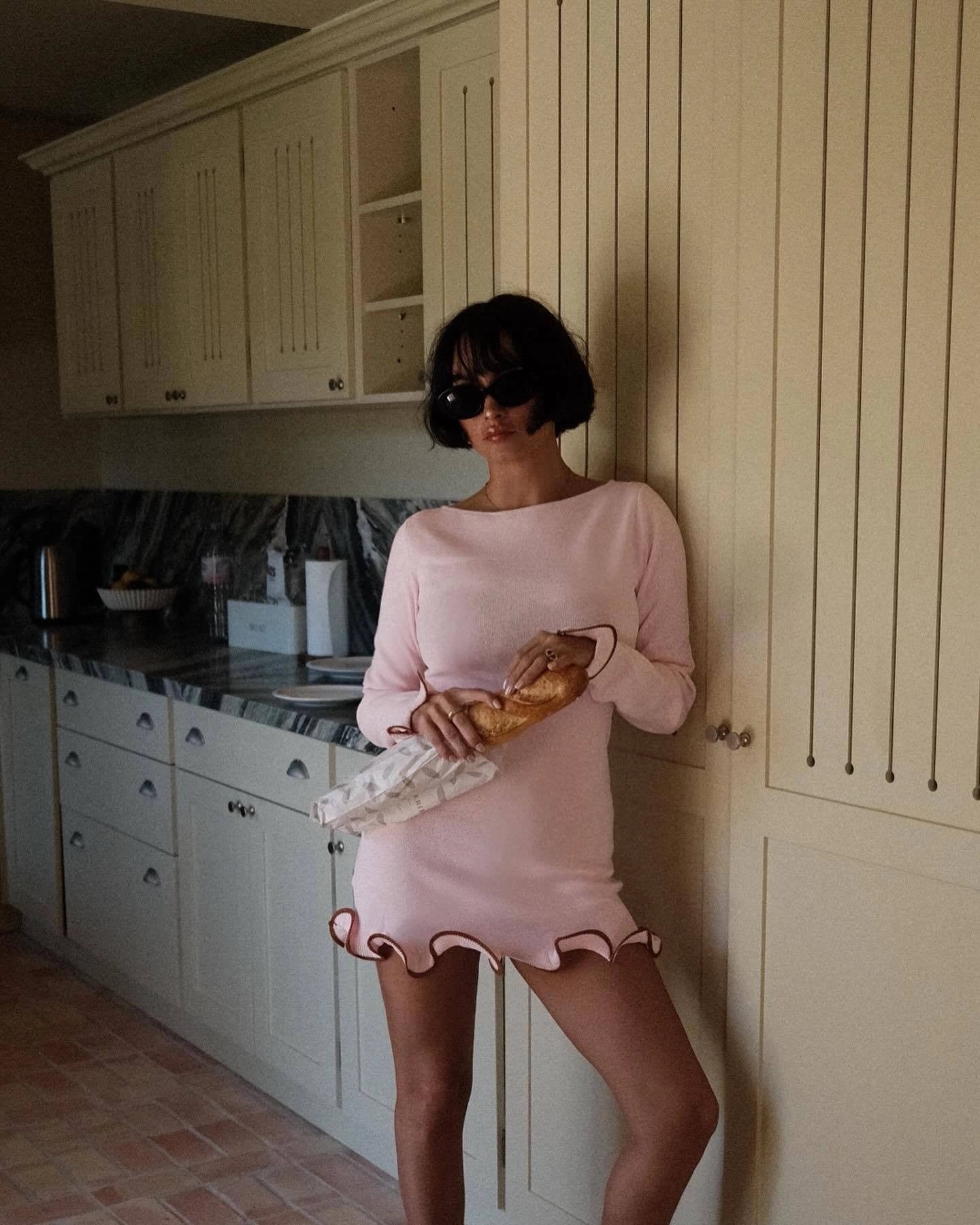 Ruffle Hem Long Sleeve Knit Mini Dress [24J181YC]