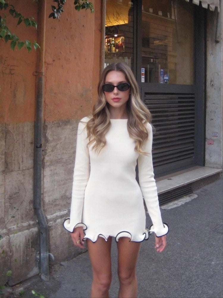 Ruffle Hem Long Sleeve Knit Mini Dress [V0KVPAPN]