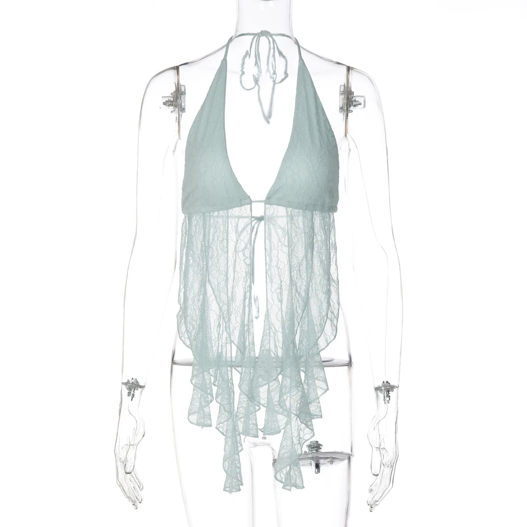 LaPose - Saige Halter Lace Ruffle Top - Blue Color