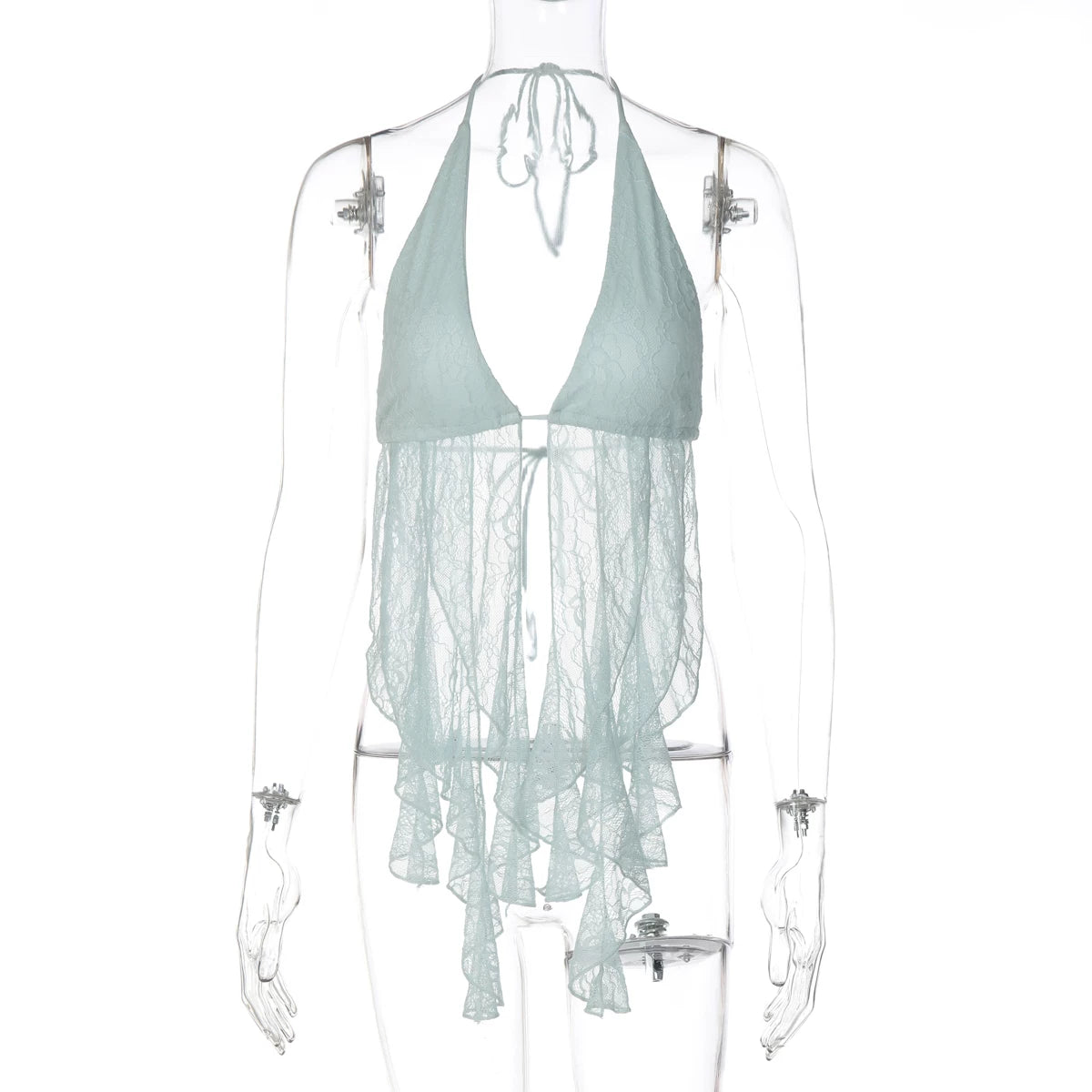 LaPose - Saige Halter Lace Ruffle Top - Blue Color