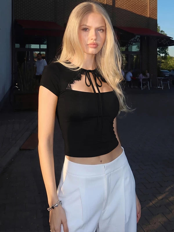 Samaira Lace Cut-Out Short Sleeve Top