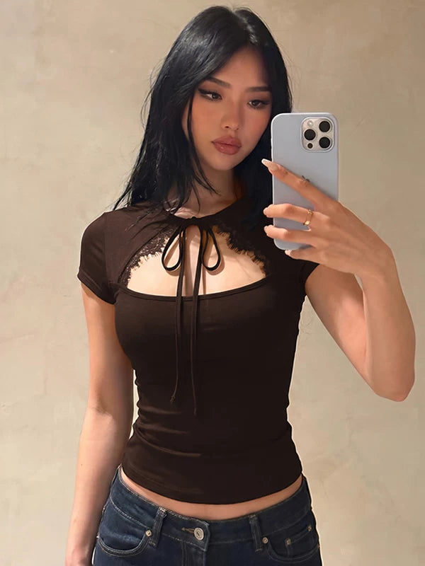 Samaira Lace Cut-Out Short Sleeve Top