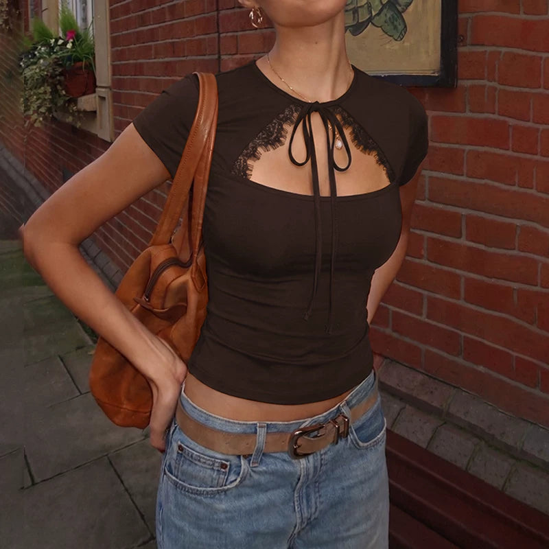 Samaira Lace Cut-Out Short Sleeve Top