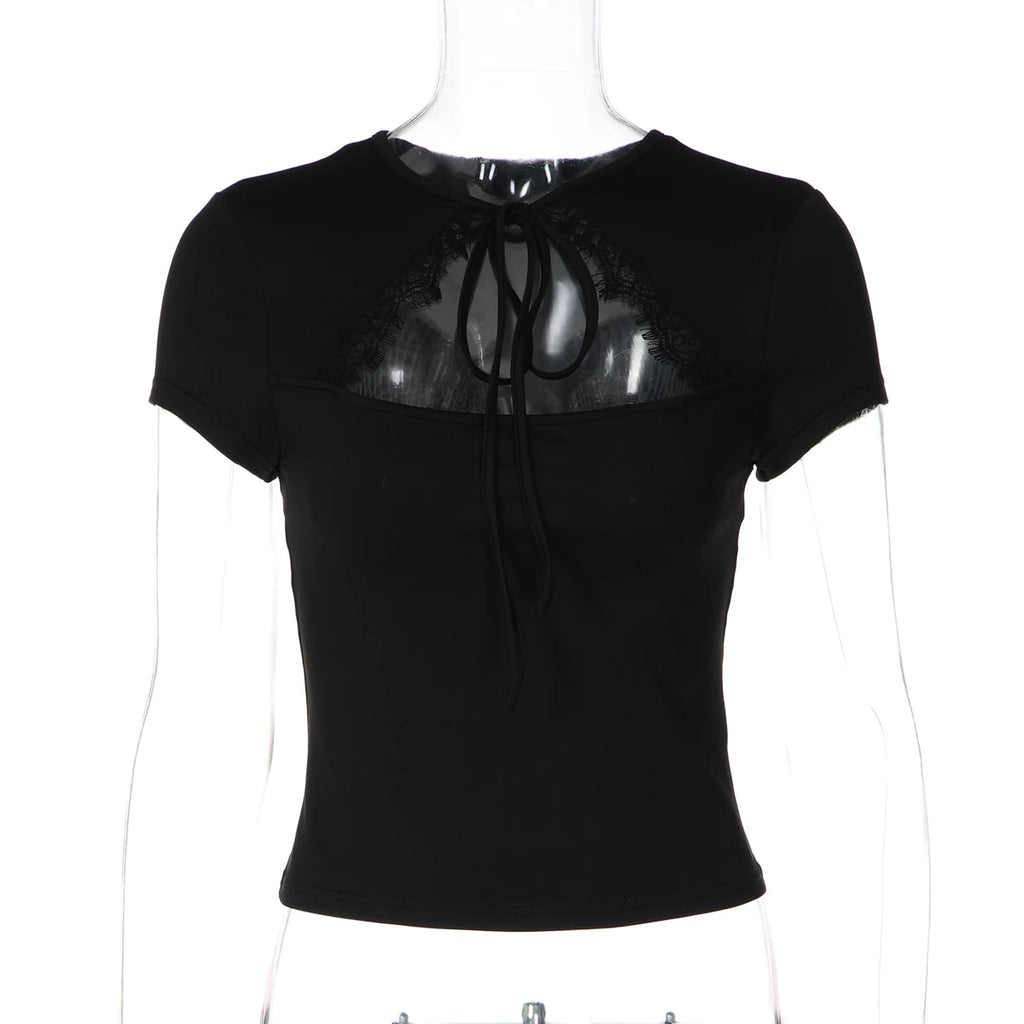 Samaira Lace Cut-Out Short Sleeve Top - Black Color