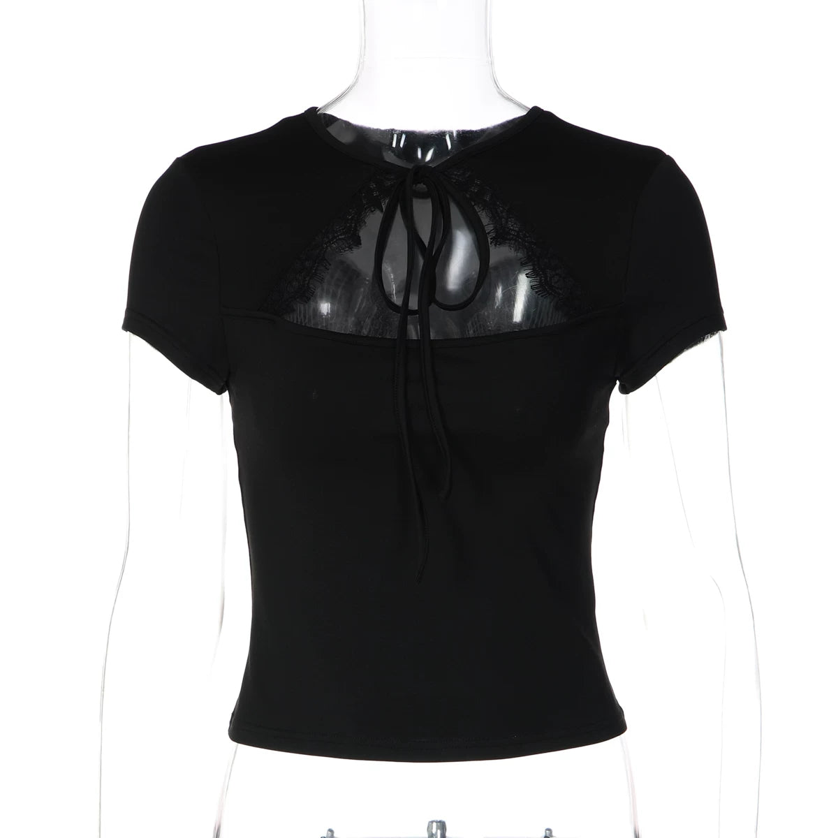 Samaira Lace Cut-Out Short Sleeve Top - Black Color