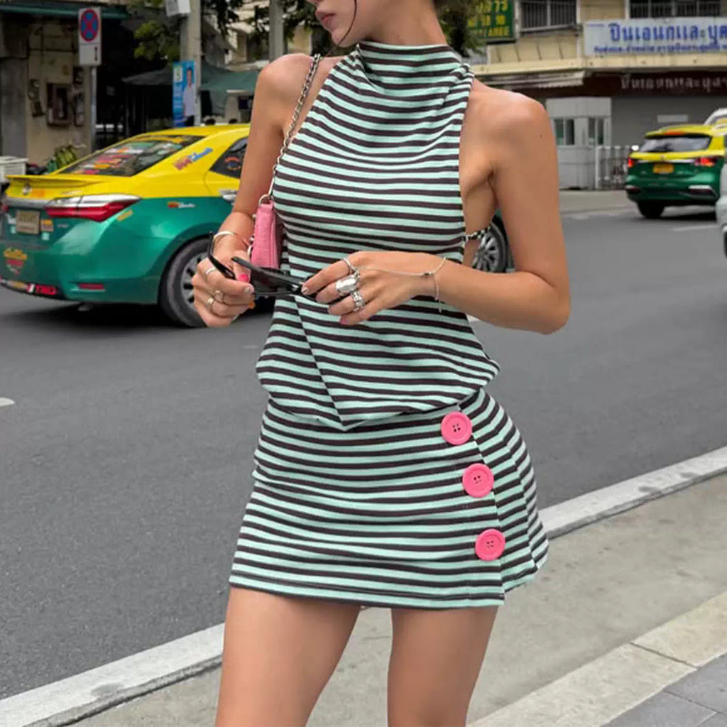 LaPose - Samone Striped Halter Mini Dress - Green Color